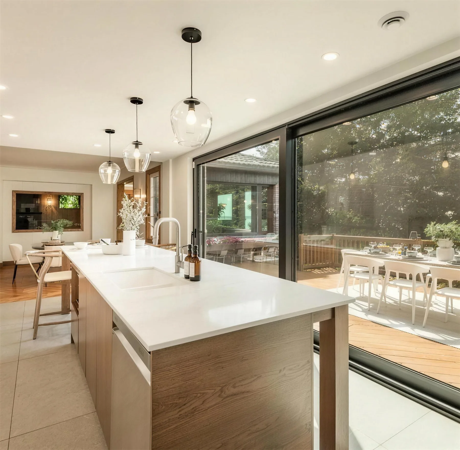 Cuisine contemporaine sur mesure avec îlot de quartz et armoires de bois
